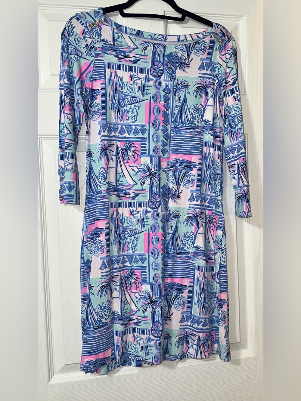 Lilly Pulitzer Coastal Sailboat Print Long Sleeve Dress in Blue & Pink